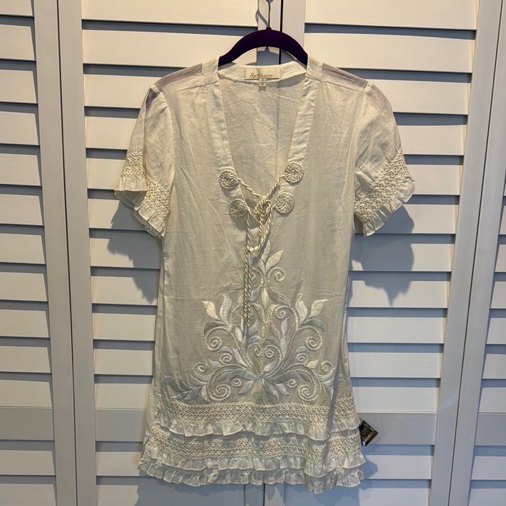 Solitaire Cream Ruffled V- Collar embroidered Swim Coverup